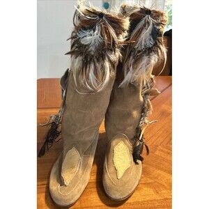 Vintage Leather Suede Feathers Tall Boots Size 9 Made Italy Festival Bohemian